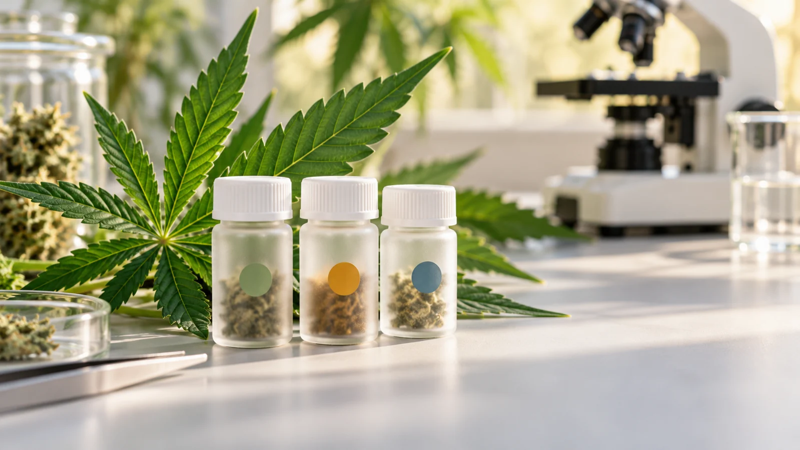 Editorial illustration of a cannabis leaf and three sample vials with colored identification dots.