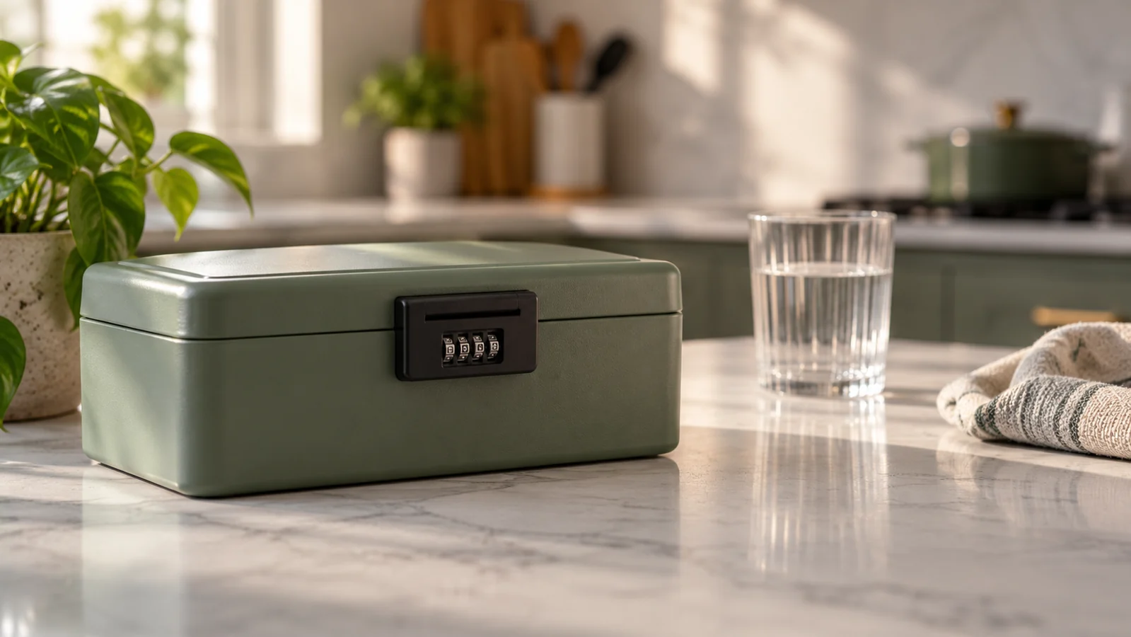 Illustration of a locked opaque storage box on a kitchen counter.