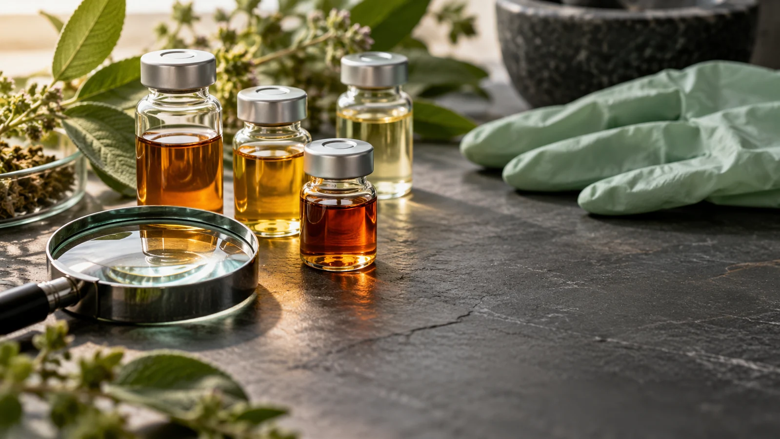 Editorial illustration of sealed reference vials beside a magnifying glass.