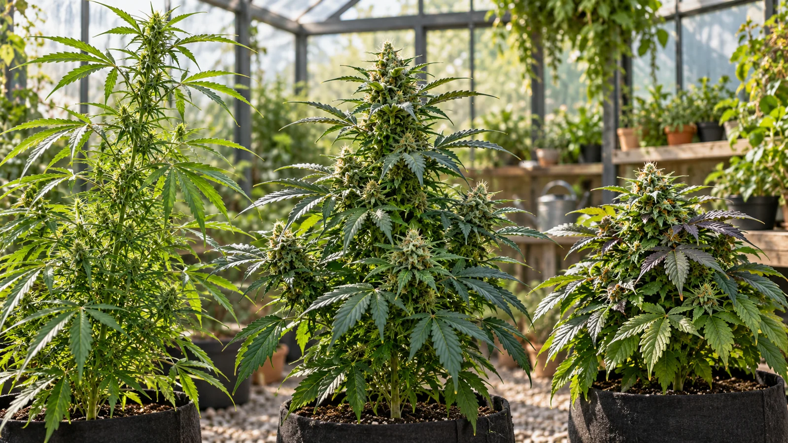 Editorial illustration of three cannabis plants in a greenhouse, without variety labels.